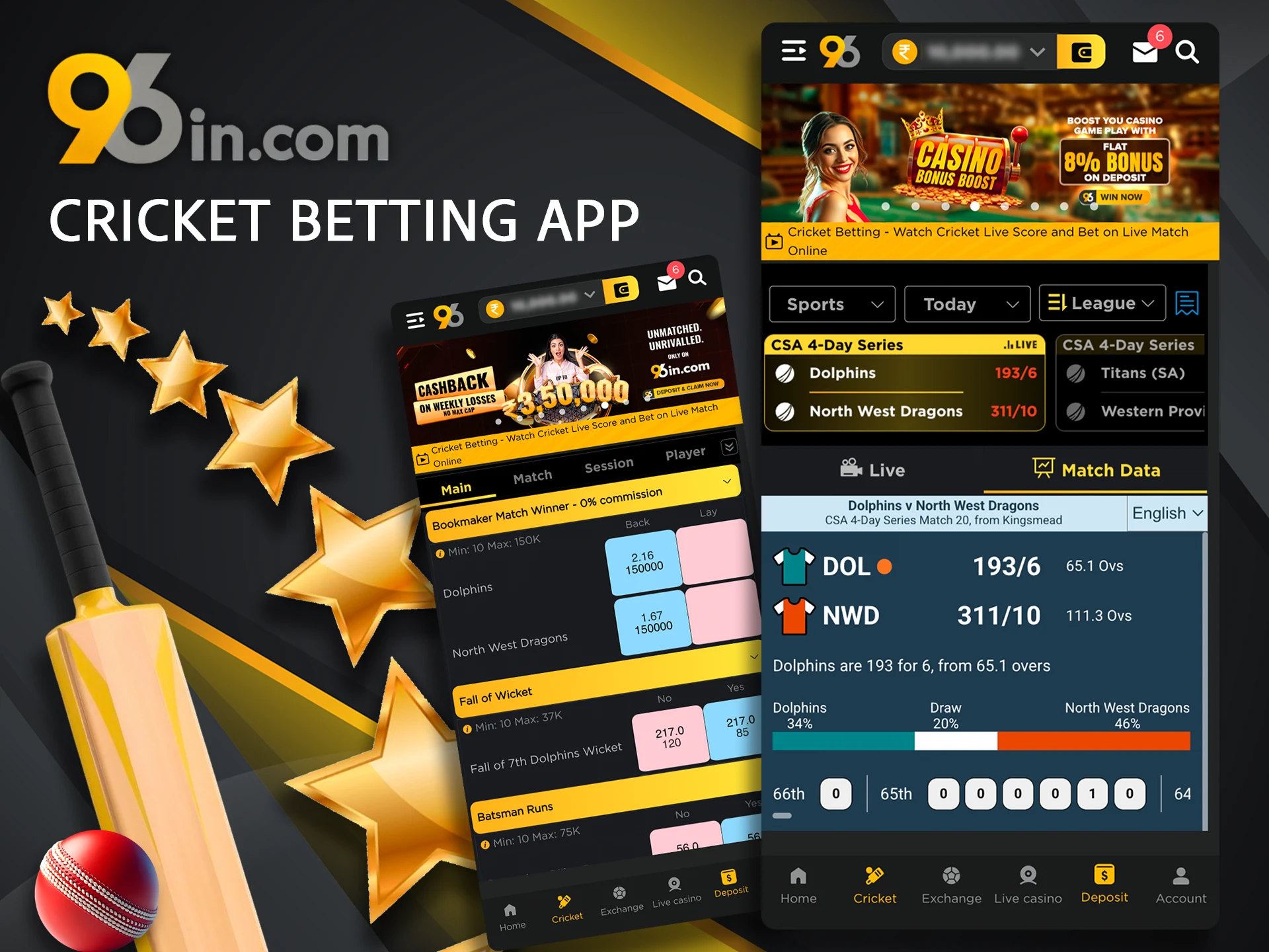 Win betting on tournaments and cricket matches on the 96in app.