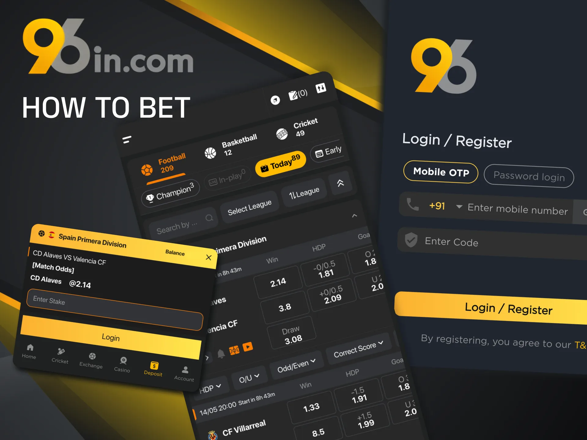Open the 96in app, register, deposit funds, and place your first football bet.