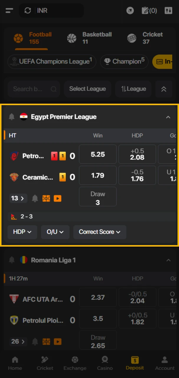 Select a football match to bet on at 96in.