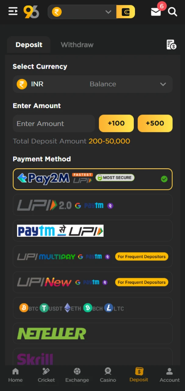 Fund your 96in account to start betting on football.