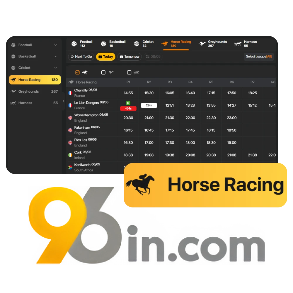 Start betting on horse racing on the 96in website.
