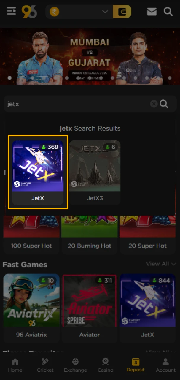 Search for the JetX game at 96in and open it to start playing.