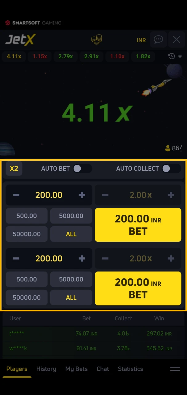 Enter the amount and bet in the JetX at 96in.