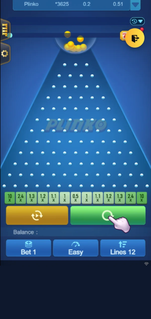 Place a bet in the Plinko game on the 96in website.