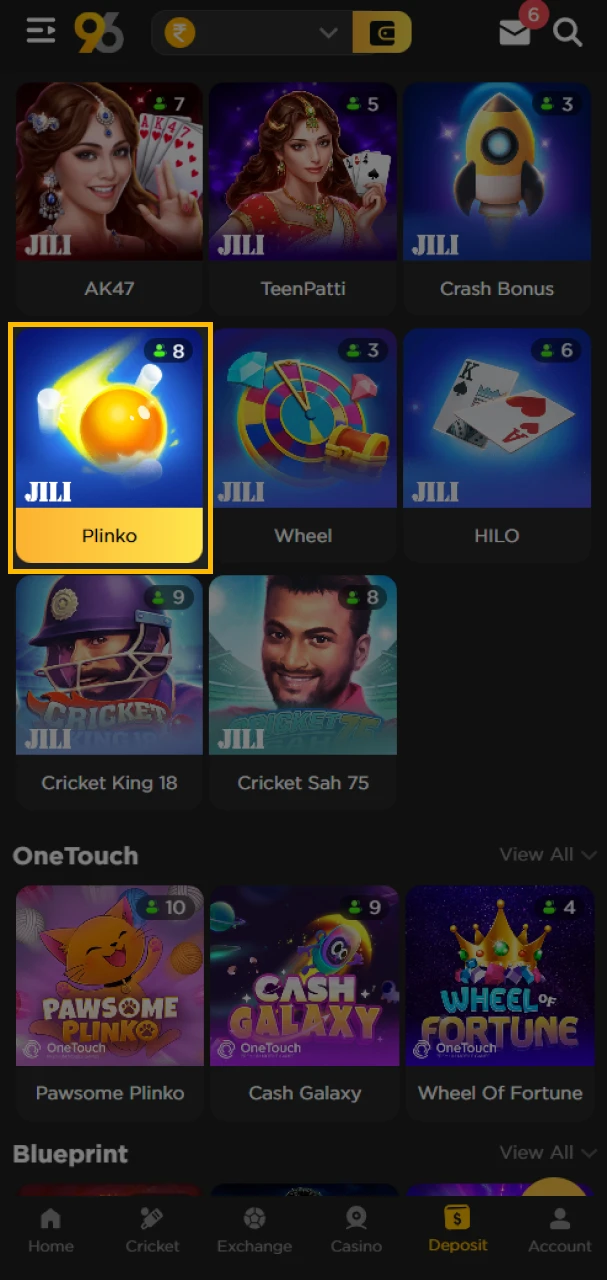 Choose a Plinko game from your preferred provider at 96in.