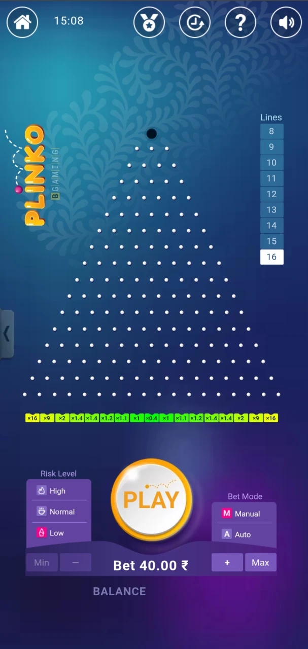 In the Plinko game at 96in, you can choose the number of lines.