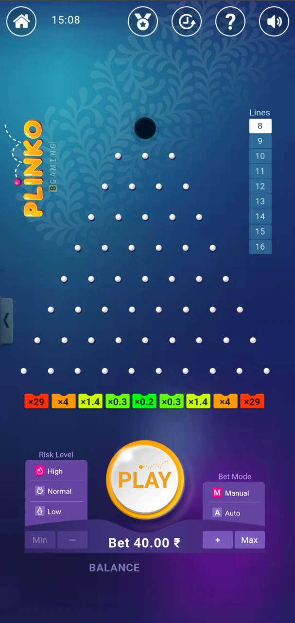 Select the risk level in the Plinko game on the 96in platform.