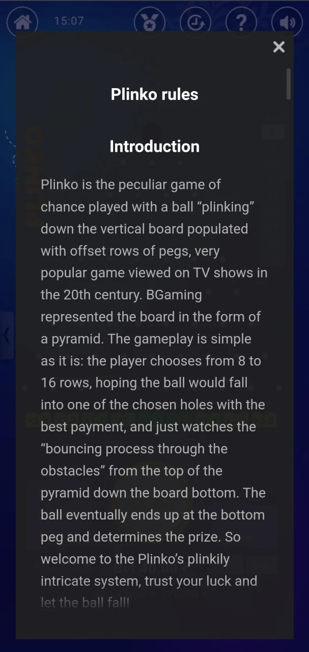 Read the rules of Plinko on the 96in website.