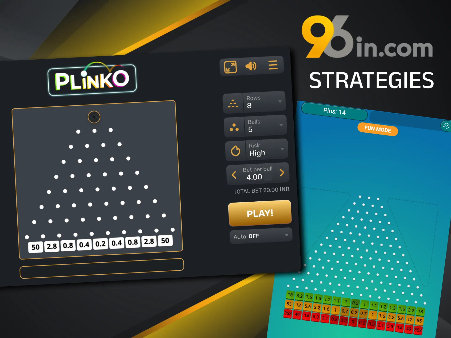 Maximize your success in Plinko at 96in by starting in low-risk mode.