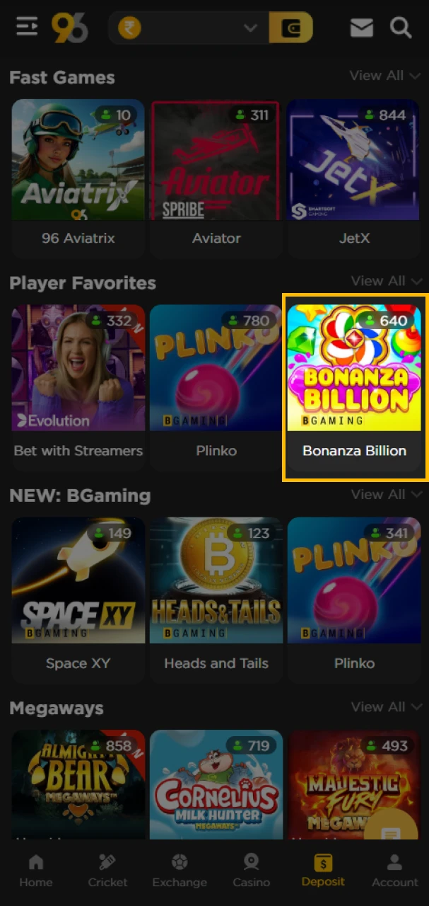 Choose a game from the list provided on the 96in Casino page.