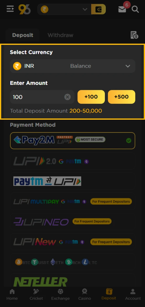 Make a deposit after registering on the 96in website.
