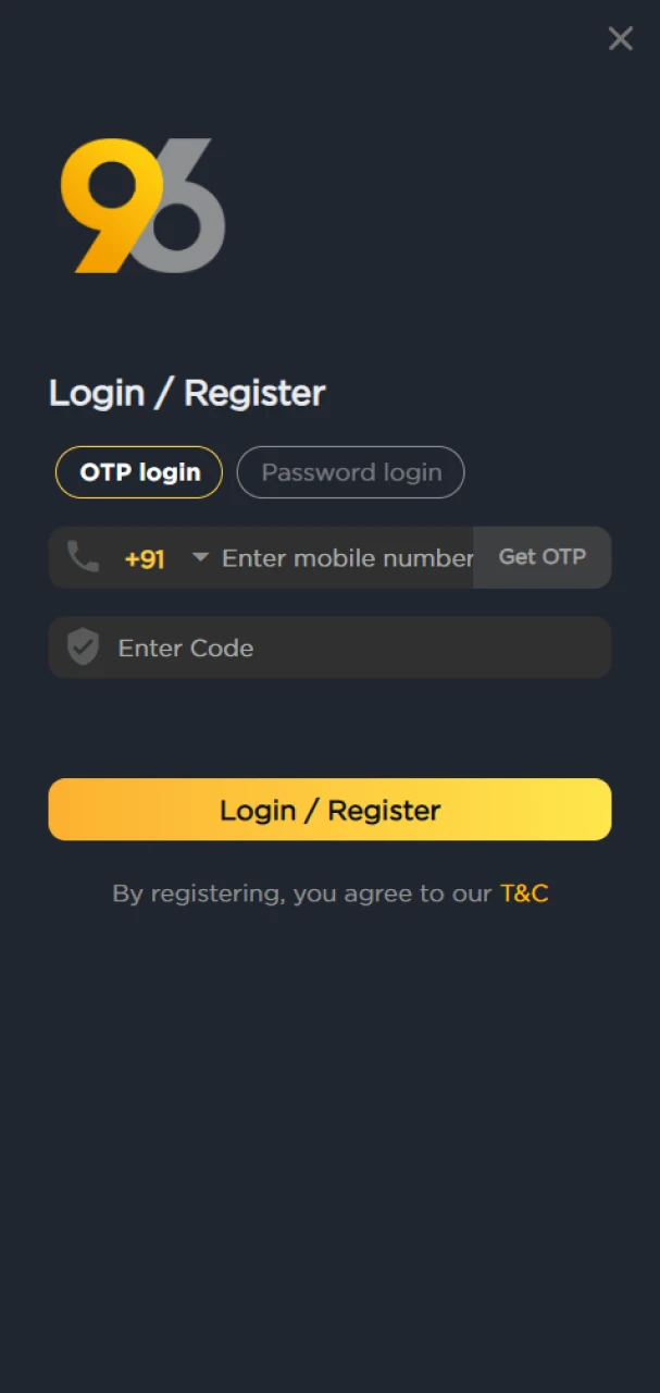 Enter your details to create a 96in account and start betting on tennis.