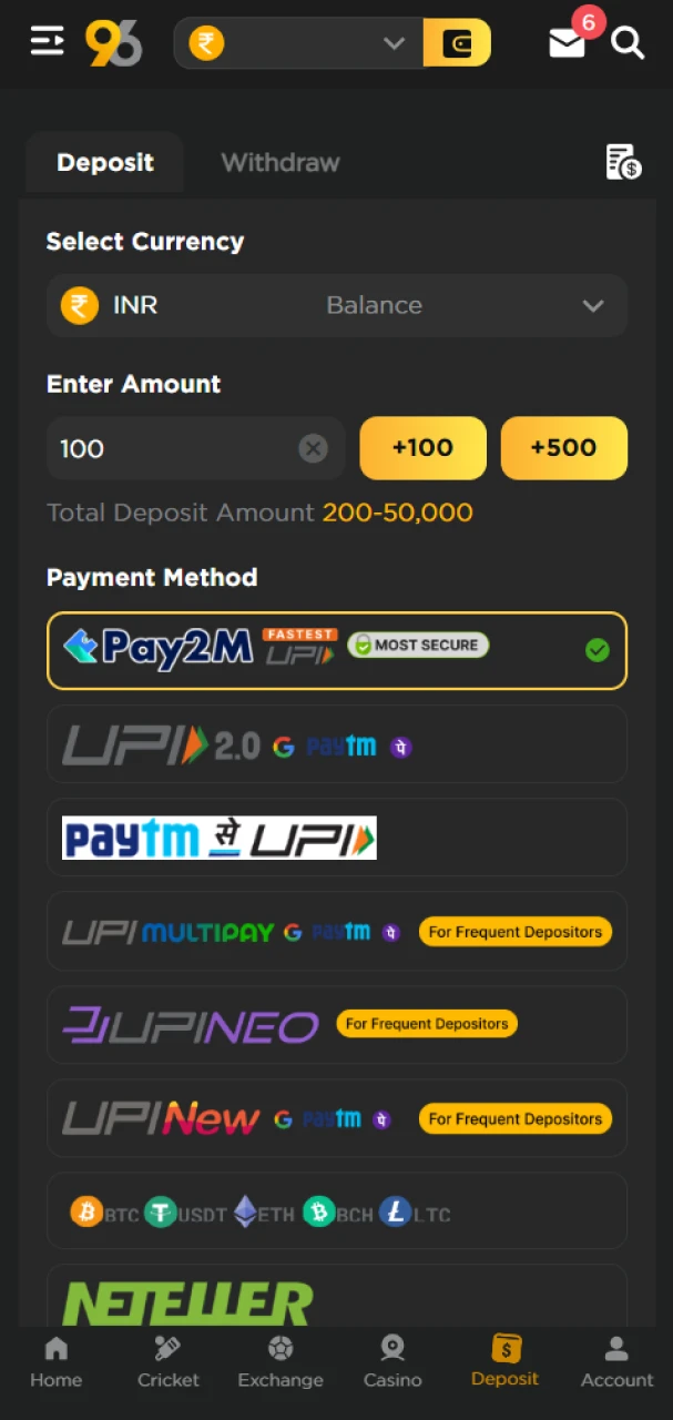 To start betting on tennis, fund your 96in account.