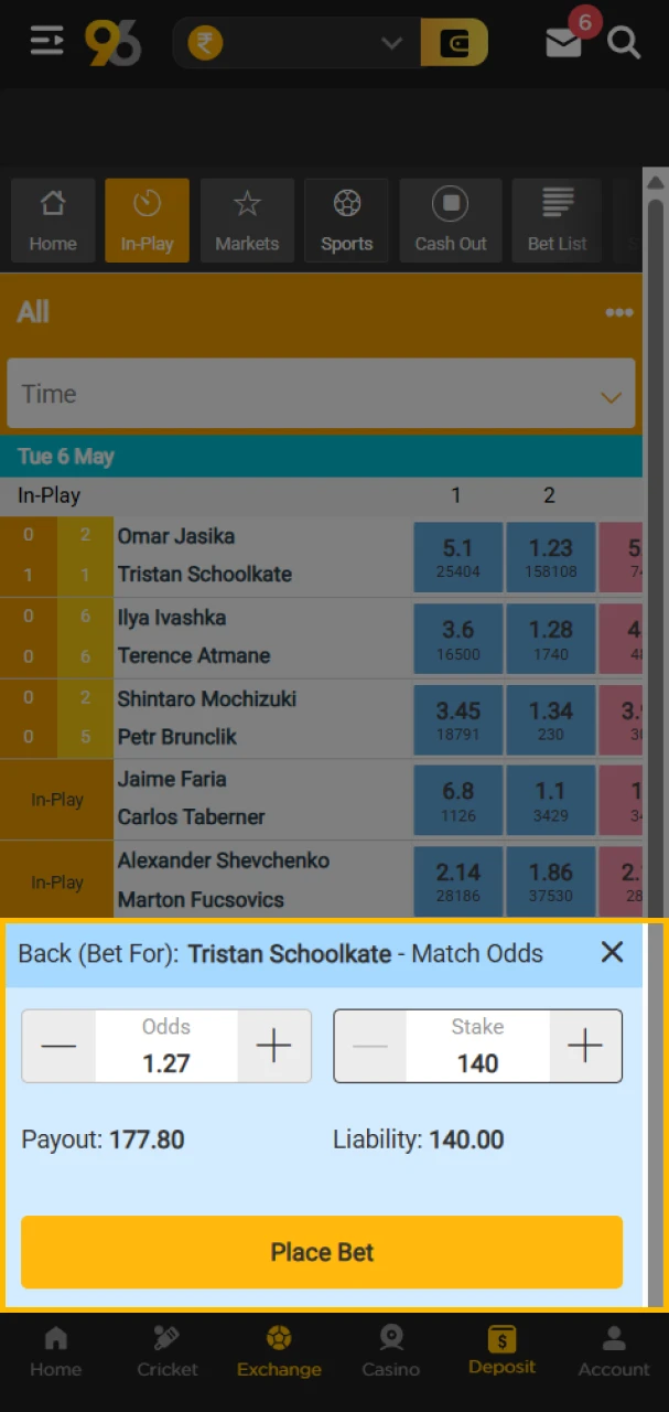 Enter the amount and place your tennis bet on the 96in platform.