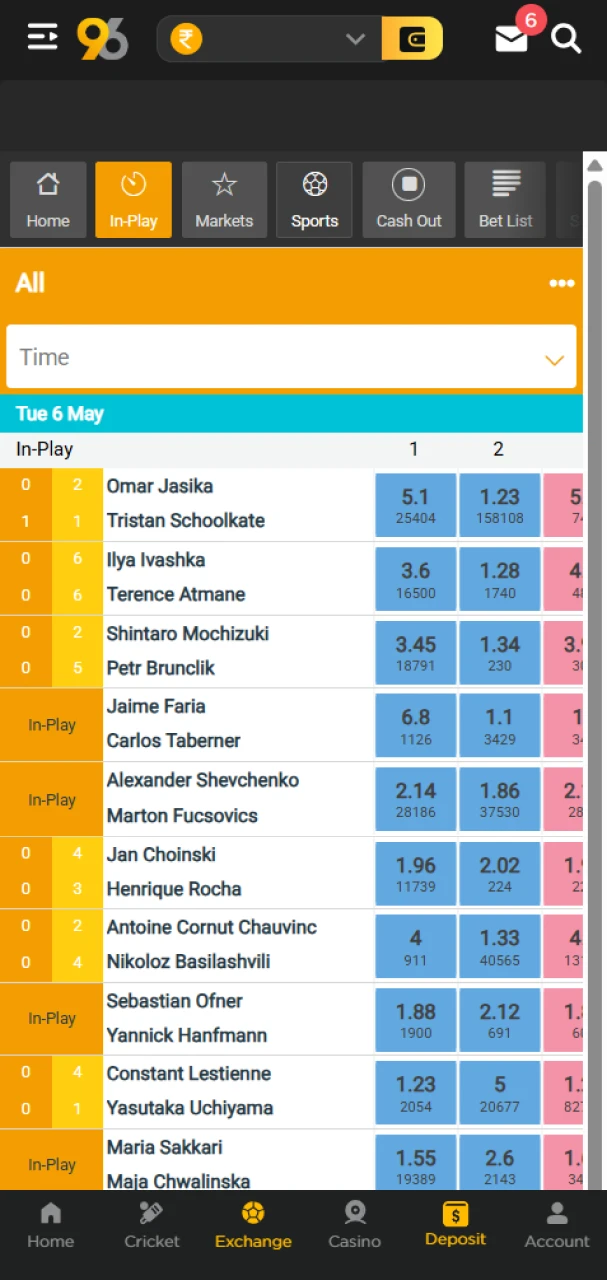 Choose a tennis match from the available events at 96in.